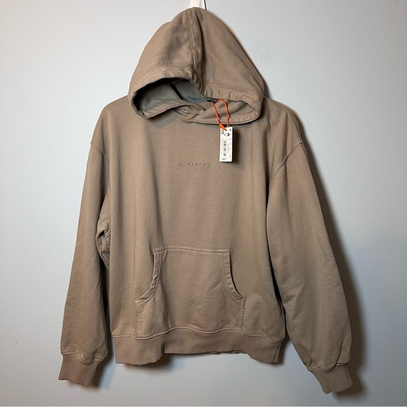Superdry Micro Logo Embroidered Boxy Hoodie Women’s size 10 Taupe Sweatshirt NEW - Picture 1 of 10